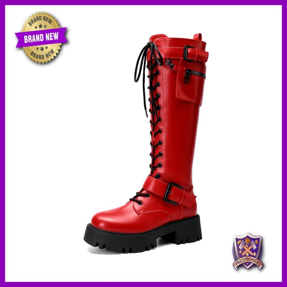 Combat Riding Platform Knee High Boots Lace Up Lug Sole Gothic Motorcycle